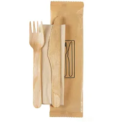 WISEFOOD 250 Sets - Holz Besteckset - Messer+Gabel+Serviette 160 mm