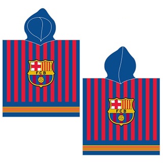 FC Barcelona Kinder Kapuzen Bade-Poncho Fußball 60x120 cm 100% Baumwolle Veloursqualität Bademantel Pareo Badetuch Strandtuch Duschtuch Handtuch FCB Fan Primera Division Stadion Camp Nou Barça