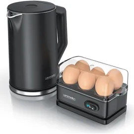 Arendo Frühstücks-Set Edelstahl Wasserkocher 1,5 l Schwarz