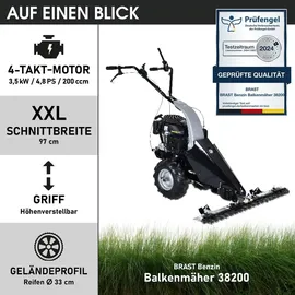 Brast Balkenmäher Benzin 3,5kW(4,8PS) mit Antrieb Schnittbreite 97cm Luft-Bereifung mit Geländeprofil Rasenmäher Hochgrasmäher Wiesen-Mäher 196ccm