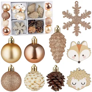 Brubaker 26 Stück Christbaumschmuck Wald und Tiere - Weihnachtskugel Set mit Tannenzapfen, Igel Fuchs Anhänger, Schneeflocken, Glitzer Baumkugeln - Baumschmuck für Weihnachtsbaum - Gold Braun