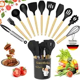 Swetfela 12 Stück Küchenhelfer Set,Holzgriff Silikon Küchenutensilien,Hitzebeständige Antihaftbeschichtung Küchenutensilien Set,Gesund und Sicher Kochbesteck Set,Spülmaschinenfest - Schwarz