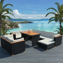 vidaXL Polyrattan Lounge-Set 10-tlg. schwarz inkl. Auflagen 42753
