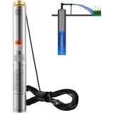 Vevor Tiefbrunnenpumpe, Brunnenpumpe Rohrpumpe 370W 5,3 m3/h max. Durchfluss, 50 m max. Förderhöhe, mit 9,1 m Stromkabel, Edelstahl-Wasserpumpen für industrielle Bewässerung und den Heimgebrauch, IP68