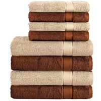 Komfortec 8er Handtuch Set aus 100% Baumwolle, 4 Badetücher 70x140 und 4 Handtücher 50x100 cm, Frottee, Weich, Towel Groß, Braun/Beige