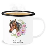 Emaille Becher Blechbecher - Pferd Pferde - Wunschname Pferdekopf Name I Pferdemotiv I Geschenk Pferdemädchen - 300 ml - Weiß Schwarz - tasse pferden horse tassen