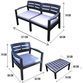 Dmora Outdoor-Lounge-Set Dgyas, Gartengarnitur mit 2 Sesseln, 1 Sofa und 1 Couchtisch, Innen- und Außensitzgruppe mit Kissen, 100 % Made in Italy, Anthrazit - Schwarz