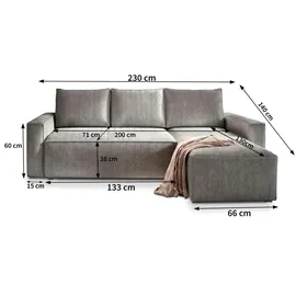 masseno Ecksofa mit Schlaffunktion L-Form, Sofa mit Bettkasten, Wohnzimmersofa, Couch, Soffa, Bettsofa, Couchgarnitur- grau ¦ Maße (cm): B: 230 H: 85