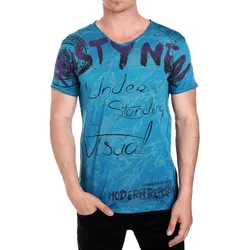 Herren T-Shirt mit aufwendigem Strass-Design Baumwoll-Shirt Rundhals-Shirt R-15162 Petrolblau - L