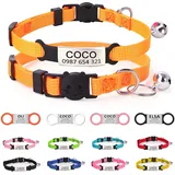 Robustes, langlebiges Katzenhalsband mit Namensschild und Glöckchen – personalisierbar mit Gravur von Name und Telefonnummer, für Verschiedene Katzentypen, Orange