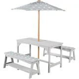 roba Kindersitzgruppe Outdoor+ (Set, 3 tlg.), Tisch 2 Bänke mit Sitzauflage, Schirmset, grau