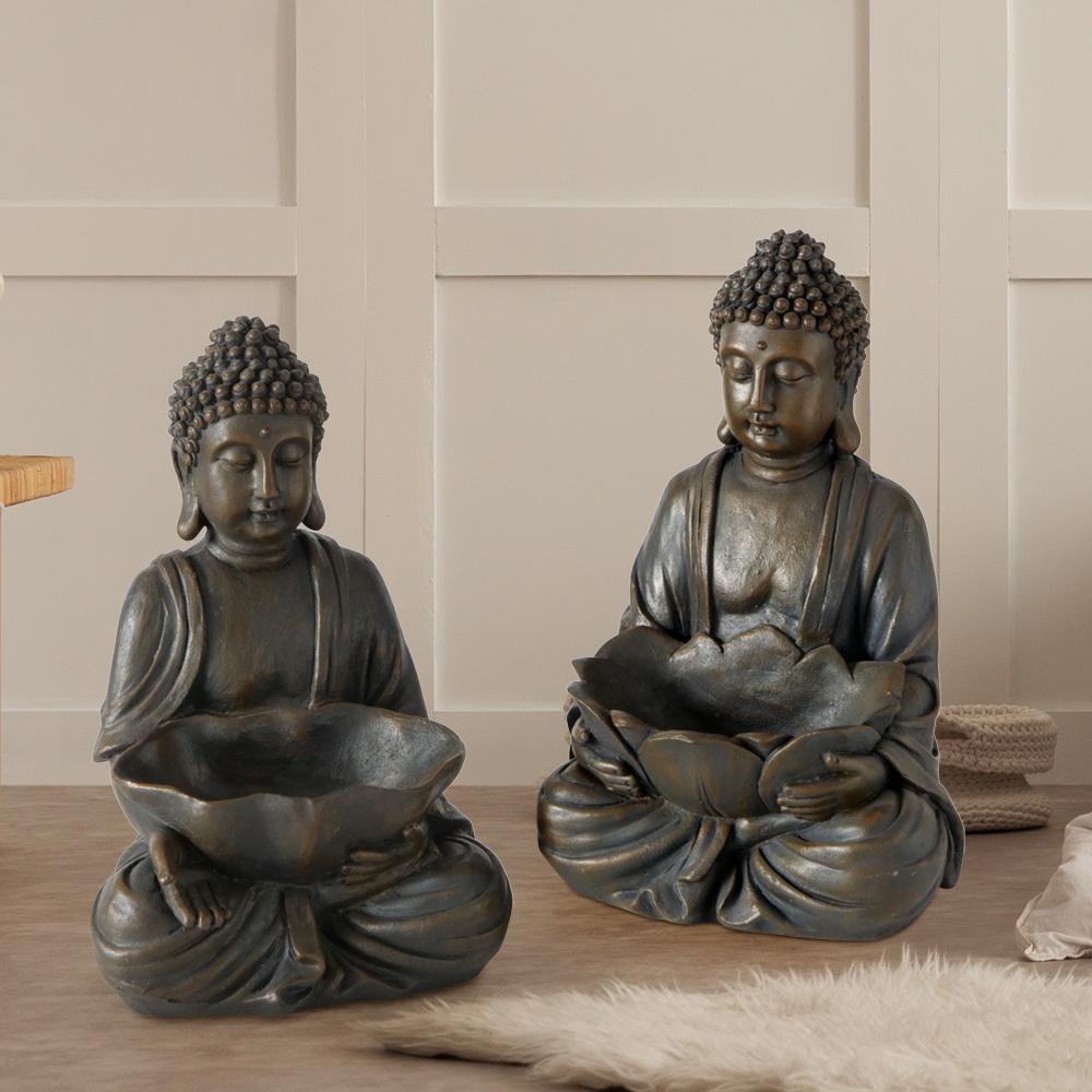 2x Buddha Figuren Asia Design Wohn Ess Zimmer Dekoration Kunstharz Statuen braun