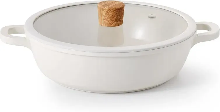SENSARTE Kochtopf mit zwei Griffen, 11,0 Zoll (28 cm), Keramik, Induktionsgeeignet, Gasherdgeeignet, Tischtopf, Sukiyaki-Topf, vielseitig für Einzelgerichte, zum Kochen, Backen, Anbraten und Frittieren, antihaftbeschichtet, leicht zu reinigen, Glasweiß