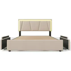 Merax Polsterbett, LED-Beleuchtung Doppelbett 140x200cm mit 4 Schubladen, beige