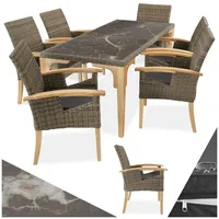 tectake® Rattan Möbel Set, 6X Stühle, 1x Tisch, modern, Korbsessel mit Armlehne, Esstisch Marmor Optik, Esszimmer Lounge Gartenmöbel für Balkon, Terrasse, Wintergarten, Outdoor Küche - Natur