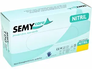 SemyCare Nitrilhandschuhe im Spenderkarton, puderfrei, blau, Beidhändig verwendbare Einweghandschuhe mit Rollrand, 1 Packung = 100 Stück, Größe M