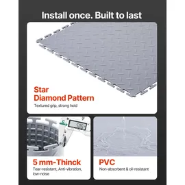 Vevor PVC Garagenboden, 16er-Pack 513x513x5 mm, Werkstattboden, Industrieboden, Klick Verlegung, rutschfeste PVC-Matten mit Diamantplatte für Werkstatt, Lager, Werkzeugraum, Hellgrau