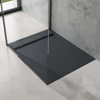 doporro Duschtasse Duschwanne 100x120x4 flach Mineralguss in Anthrazit DIN-Anschlüsse für bodenebene Montage geeignet Geoma04 -