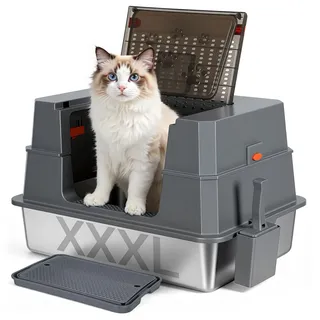 Peviasot Edelstahl Katzenklo XXXL mit Deckel, auslaufsichere geschlossene Katzentoilette mit hohem Rand, für große Katzen, 70 x 50 x 43 cm, geruchsresistent, leicht zu reinigen, mit Pedal und Schaufel