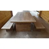 Casa Padrino Gartenmöbel Set Rustikal - Tisch + 2 Garten Bänke (Länge 200 cm) - Eiche Massivholz - Echtholz Möbel Massiv