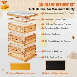 Vevor Bienenstock, Zander Beute für 30 Rahmen, mit Bienenwachs beschichtetes Holz, 2 tiefe + 1 mittelgroßer Bienenkasten, Langstroth-Bienenstock-...