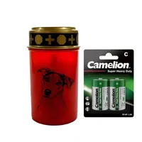 Fachhandel Plus Grabkerze LED Grablicht Hund Grablicht LED mit 2 LR14 Batterien Grabschmuck, Hunde Grabschmuck für ein würdiges Erinnerungslicht rot