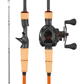 Vevor Angelrute und Angelrolle (Baitcasting) im Set, 2 m Rute aus Kohlefaser (IM7), Bassangelruten-Set mit 6+1 Kugellagern & Übersetzung 7,0:1 & Korkgriff, rechtshändiges Angelset