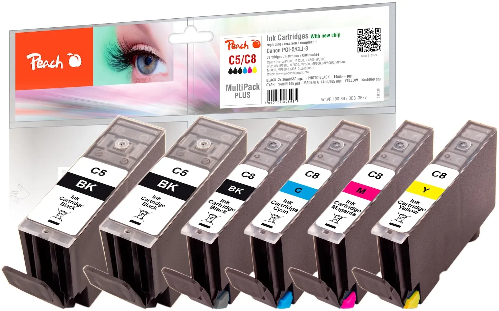 Peach C5  6 Druckerpatronen XL (2*bk, bkph, c/m/y) ersetzt Canon PGI-5, CLI-8 für z.B. Canon Pixma IP 4200, Canon Pixma IP 4200 X, Canon Pixma IP 4300