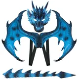 harayaa Kinder-Drachen-Kostüm, Flügel, Gesichtsbedeckung, Set, Anzieh-Requisiten, Zubehör, Flügel 60 cm x 30 cm, Maske 30 cm x 24 cm, Blau