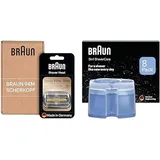 Braun Series 9 Pro Scherkopf, Elektrorasierer Ersatzscherteil Made in Germany, 94M, chrom + 3-in-1 ShaverCare Reinigungskartuschen für Reinigungsstationen, reinigt 10x besser als Wasser, 8er Pack