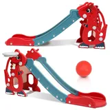 ISOISL Rutsche 4-in-1 Kinderrutsche Faltbar, Kinder Fun-Slide mit Basketballkorb, Rutsche ab 1 Jahr, Indoor & Outdoor Rutschbahn, Baby Rutsche Gartenrutsche -Rot