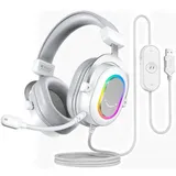 Fifine Gaming Headset mit Mikrofon Over Ear Kopfhörer mit Kabel, USB Headset, Weiß - Weiß