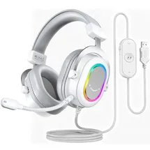 Fifine Gaming Headset mit Mikrofon Over Ear Kopfhörer mit Kabel, USB Headset, Weiß - Weiß