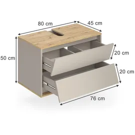 Vicco Waschbeckenunterschrank Edelin 2 Schubladen 80 x 50 x 45 cm Grau