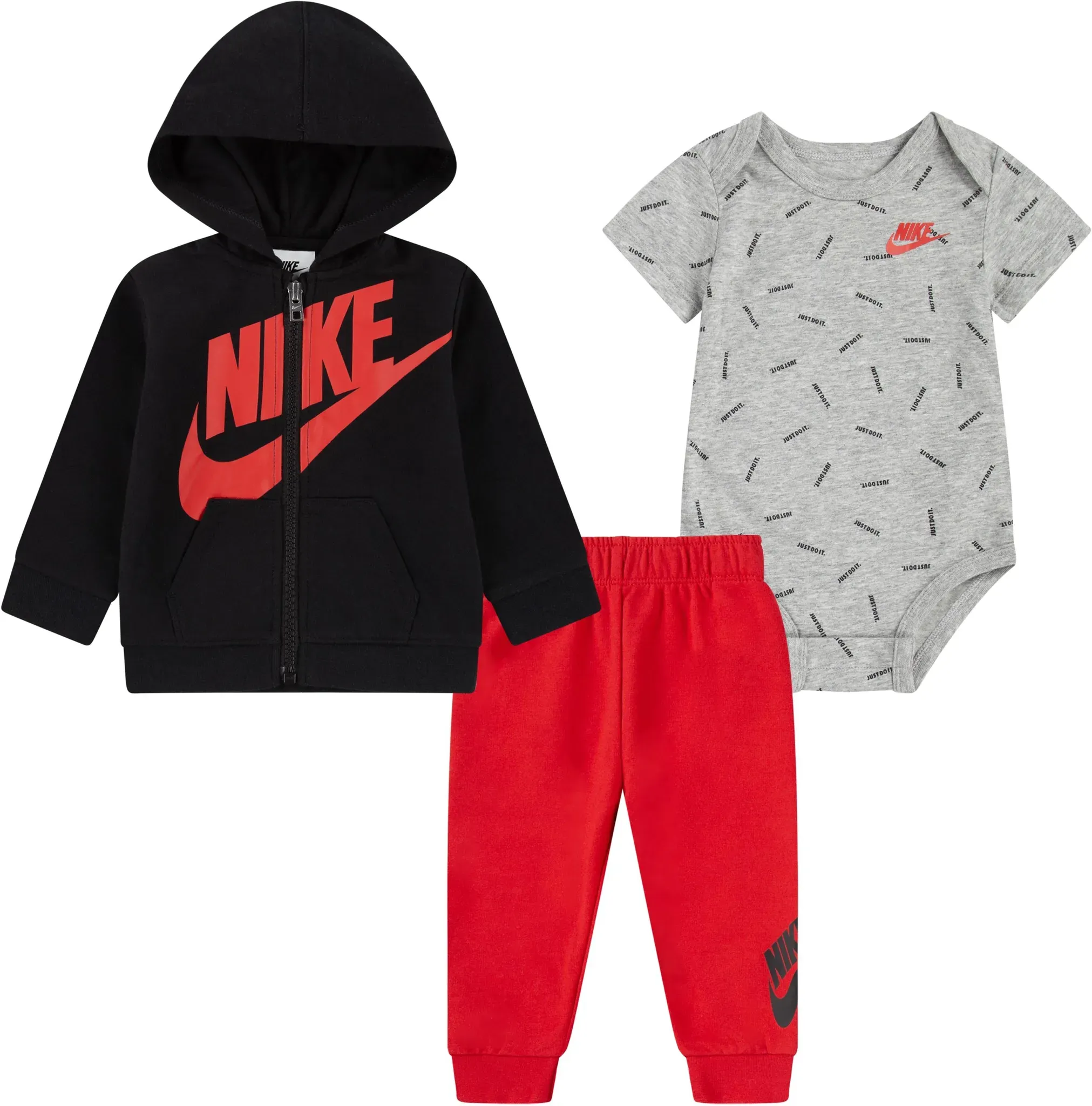 Erstausstattungspaket NIKE SPORTSWEAR "JDI TOSS 3PC FZ PANT SET", Mädchen, Gr. 62 (3), schwarz (schwarz, pink), Sweatware, Obermaterial: 60% Baumwolle, 40% Polyester, KOB Set-Artikel Erstausstattungspaket, für Babys