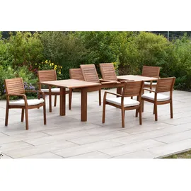 Merxx Batavia Set 13-tlg 6 Stapelsessel 6 Auflagen Doppel-Gartentisch Ausziehbar