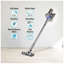 Genius Akku Staubsauger Invictus QV7 Pro 18 tlg, Akkusauger kabellos beutellos mit HEPA Filter LED Display, Laufzeit 60 Min., Wandhalterung, 3 Modi - Grau