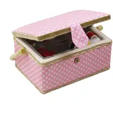 Nähkorb mit Zubehör, Nähkästchen aus Holz, Organizer für Nähzubehör, Aufbewahrung, DIY-Nähset, Werkzeuge zum Nähen, Flicken, Rosa mit Punkten