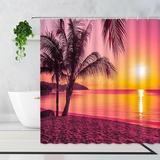 KEPPD Strand-Sonnenuntergang-Ansicht Duschvorhang, extra Langer natürlicher Landschafts-Badewannen-Dekor-Duschvorhang, Dicker Polyester-Vorhang mit 12 Haken, 240 x 200 cm, Duschvorhang