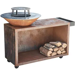 The Favilla FLAME Feuerschale mit Grillplatte & Plancha in Corten | Grillring, Holzstauraum, Rostig
