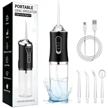 puokmy Munddusche Kabellos Zahndusche, Water Flosser Zahnreinigung für Teeth Zwischenräume, Irrigator Zähne Dental, Wasserdicht, Zahnzwischenraumreiniger Mundduschen mit 4 Düsen 1 Ladekabel,Schwarz