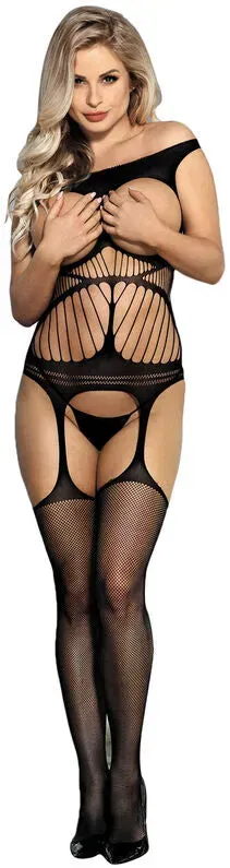 SUBBLIME  Netz-Bodystocking ohne Schritt mit Cups und offenen Schultern Schwarz One Size
