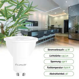 Lumiled GU10 Lampe 1.5W 135 Lm Leuchtmittel 6500K kaltweiß Strahler Spot, ersetzt 15W Halogenlampen 36° Reflektorlampen Reflektor 10 Stück L...