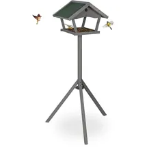 Relaxdays Vogelfutterhaus mit Standfuß, Wildvogel Futterhaus, HBT: 139 x 70 x 60 cm, wetterfestes Dach, Holz, grau/grün