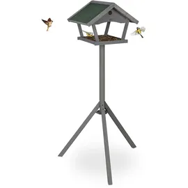Relaxdays Vogelfutterhaus mit Standfuß, Wildvogel Futterhaus, HBT: 139 x 70 x 60 cm, wetterfestes Dach, Holz, grau/grün