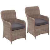 PROREGAL 2er-Set Poly-Rattan Stuhl Rattanstuhl Gartenstuhl Korbsessel Spun Poly halbrundes Rattan MVG Beige Kissen Grau