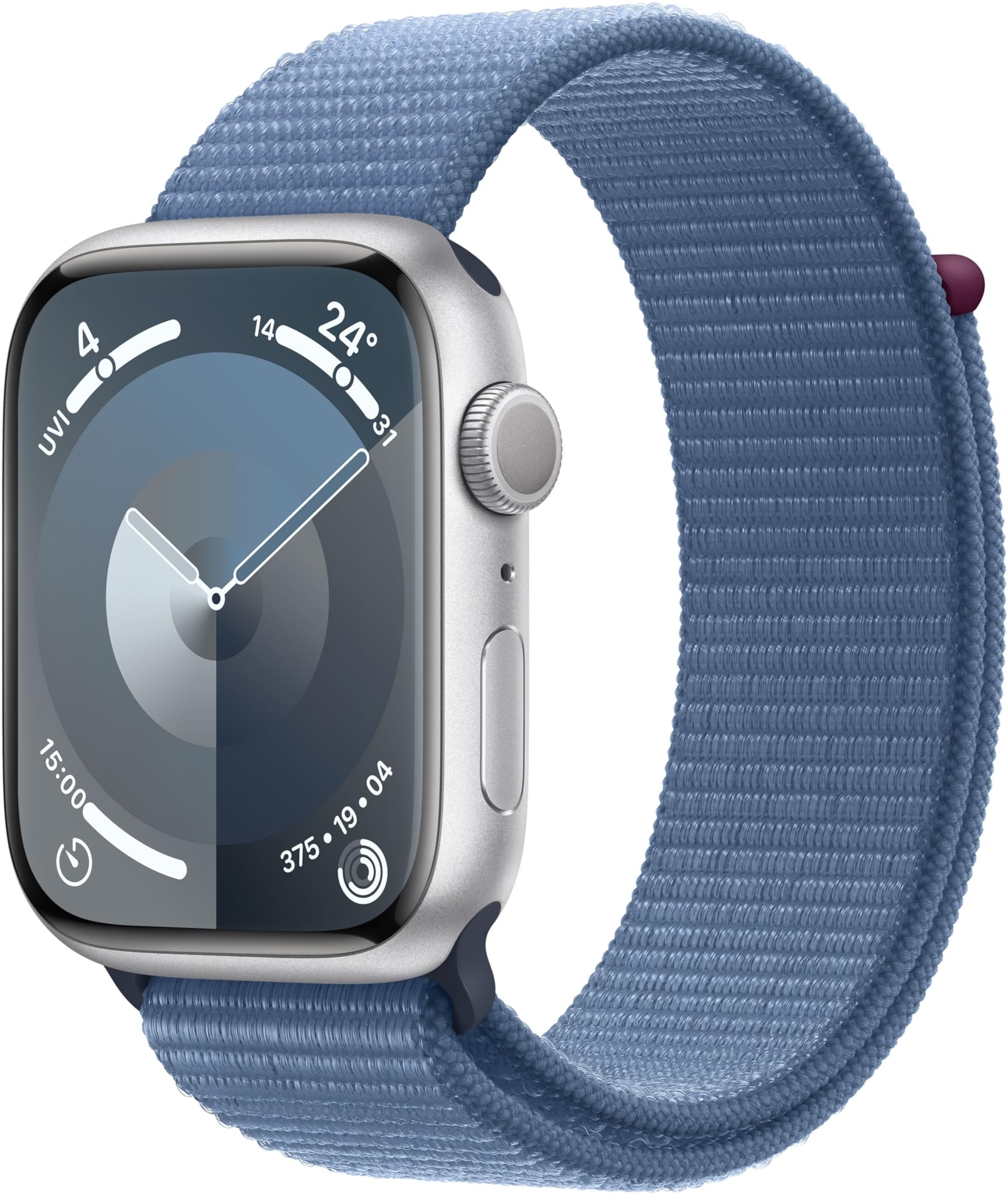 Apple Watch Series 9 (GPS, 45 mm) Smartwatch mit Aluminiumgehäuse in Silber und Sport Loop Armband in Winterblau. Fitnesstracker, Blutsauerstoff und EKG Apps, Always-On Retina Display, CO2 neutral