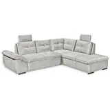 Stella Trading ALIJA Ecksofa mit Schlaffunktion in Silber - Moderne Eckcouch mit Bettkasten und verstellbaren Armlehnen - 265 x 84 (107) x 217 cm (B/H/T)