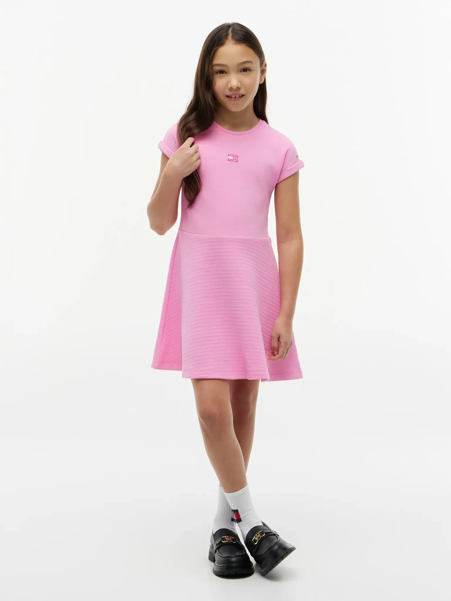 Skaterkleid TOMMY HILFIGER, Mädchen, Gr. 12 (152), N-Gr, pink daisy, Jersey, Obermaterial: 74% Baumwolle, 18% Polyester, 8% Elasthan, unifarben, regular fit ca. Mitte Oberschenkel, Rundhals, mit Aufschlag, Kleider, Regular Fit, Rundhalsausschnitt, Kinder bis 16 Jahre