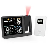 Uzoli Projektionswecker Digitaler Wecker mit Projektion Funkuhr Innen Außen Thermometer Hygrometer Wettervorhersage Komfortstufe Schimmelrisiko Projektionsuhr Wetterstation mit Außensensor - EM3539A